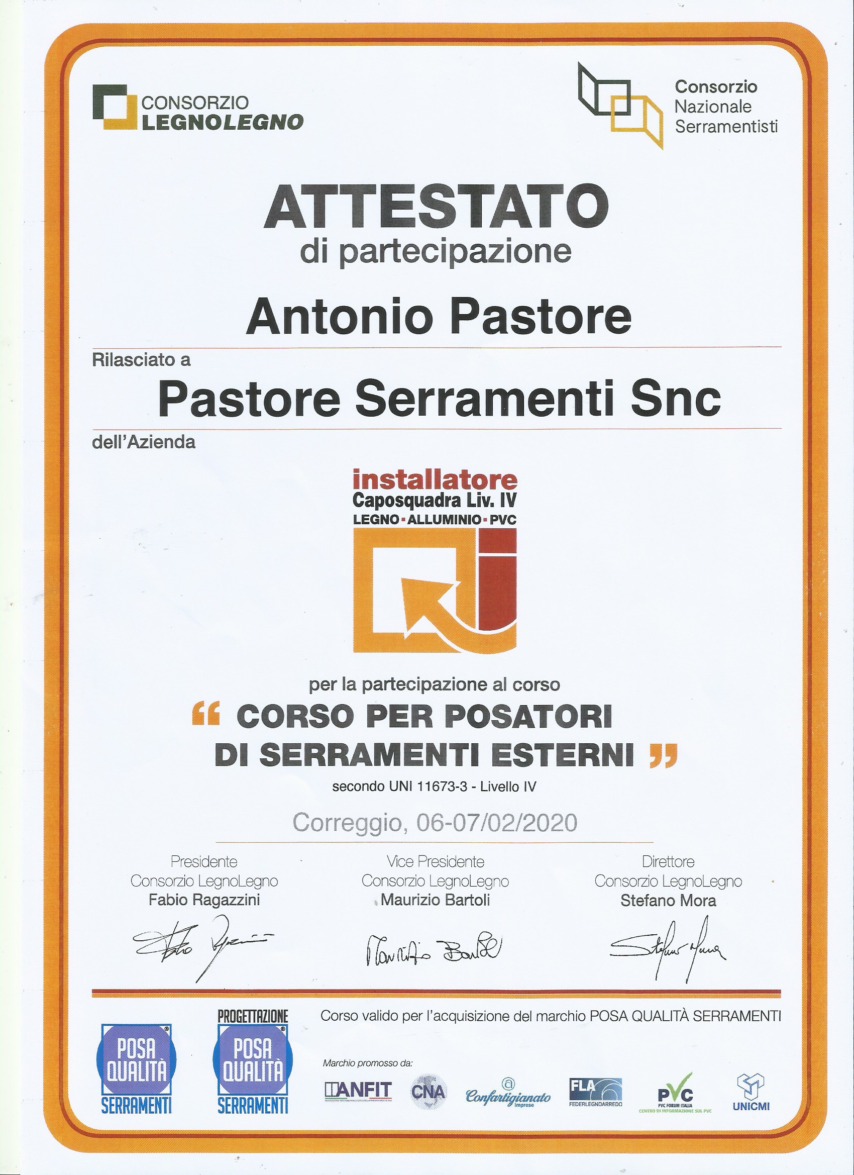 Serramenti Pastore - Attestato installatore